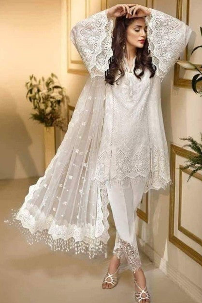 Pakistani Indian Style White Embroidered Cotton Net Formal Ensemble Shalwar Kameez
