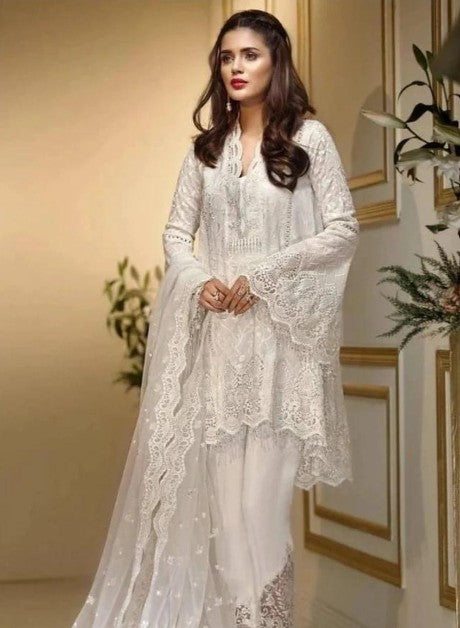 Pakistani Indian Style White Embroidered Cotton Net Formal Ensemble Shalwar Kameez