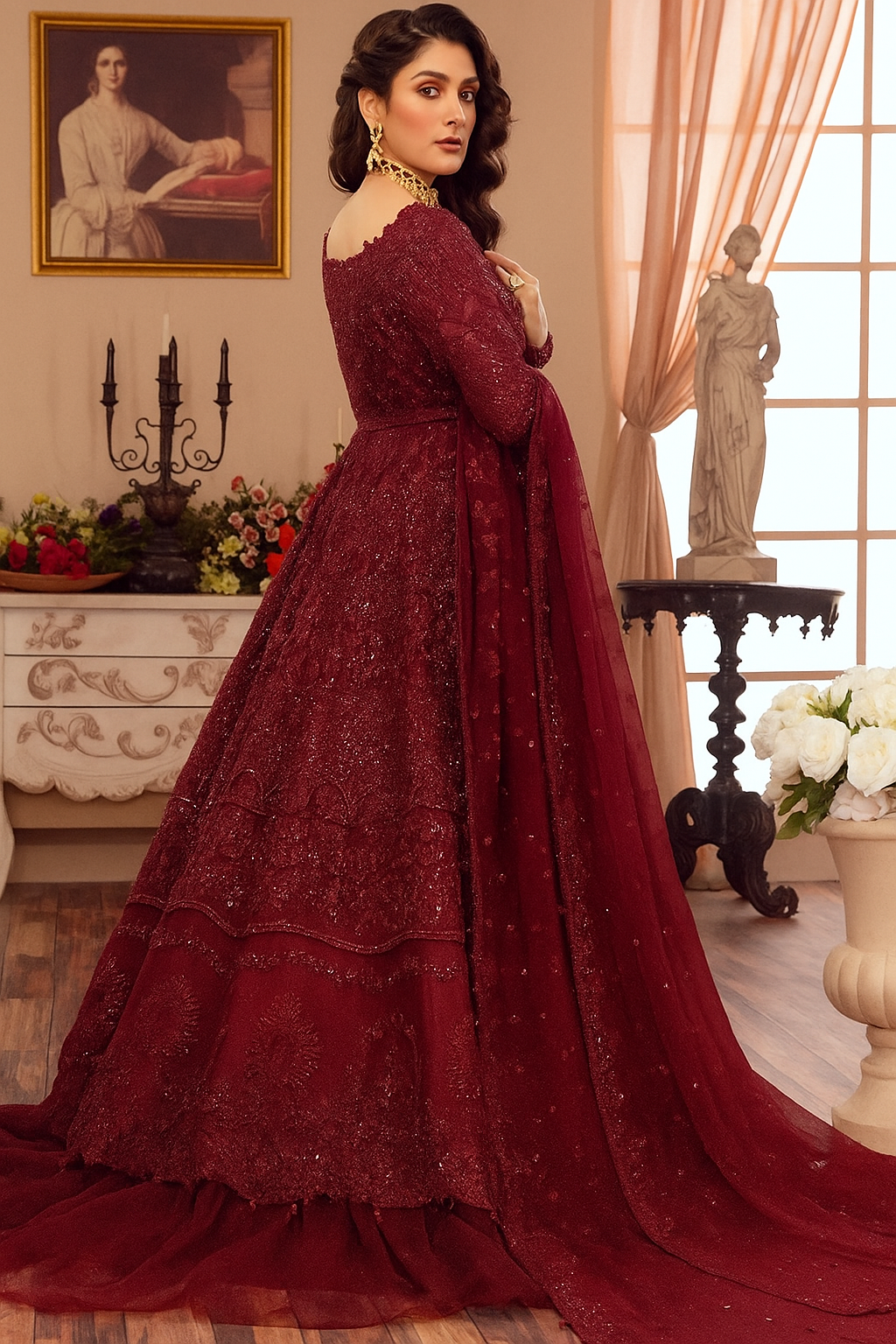 Indian & Pakistani Champagne Beige Embroidered Net Peshwas with Lehenga & Dupatta for Women