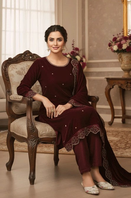 Indian & Pakistani Style Deep Maroon Embroidered Velvet 3-Piece Formal Suit for Women