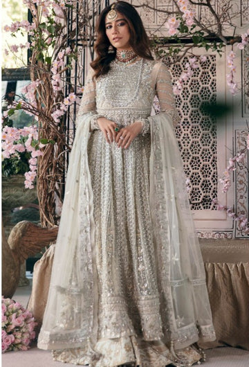Pakistani Indian Style Luxury Women’s Net Suit with Embroidered Shirt, Sleeves, Kali Panels & Dupatta