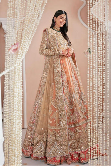 Pakistani Indian Style Premium Women’s Net Ensemble with Intricate ADDA Work, Silk Lehnga & Dupatta