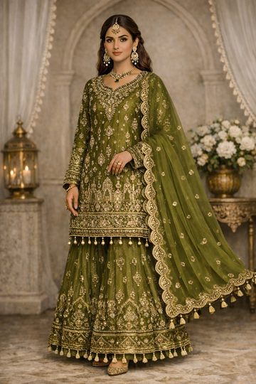 Indian & Pakistani Style Olive Green Embroidered Net Sharara Ensemble