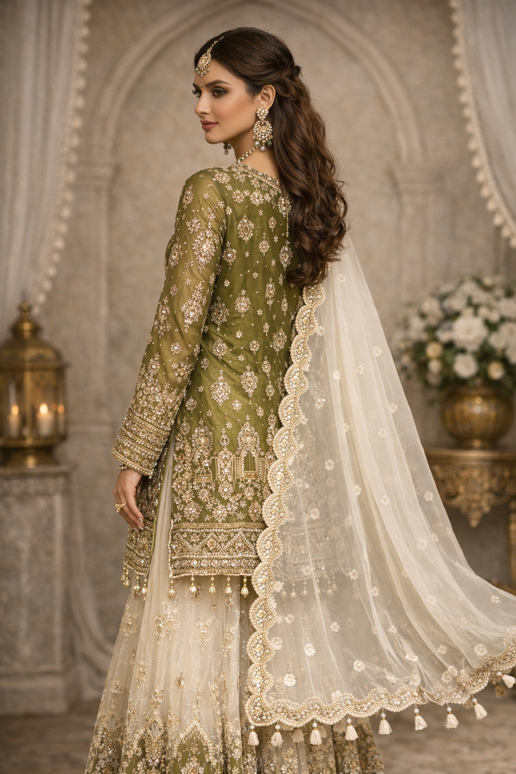 Indian & Pakistani Style Olive Green & Ivory Embroidered Net Sharara Ensemble