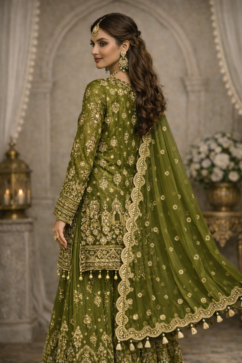 Indian & Pakistani Style Olive Green Embroidered Net Sharara Ensemble