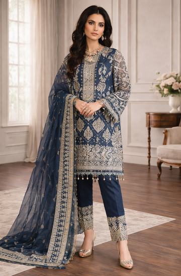Indian & Pakistani Style Midnight Blue Embroidered Organza Suit with Chiffon Dupatta