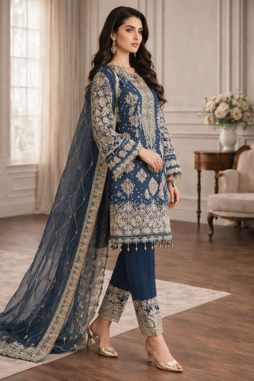 Indian & Pakistani Style Midnight Blue Embroidered Organza Suit with Chiffon Dupatta