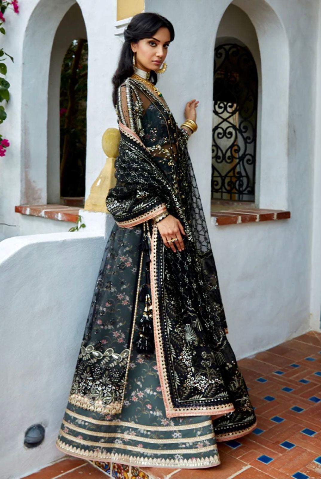 Black & Seaweed Green Embellished Bridal Ensemble