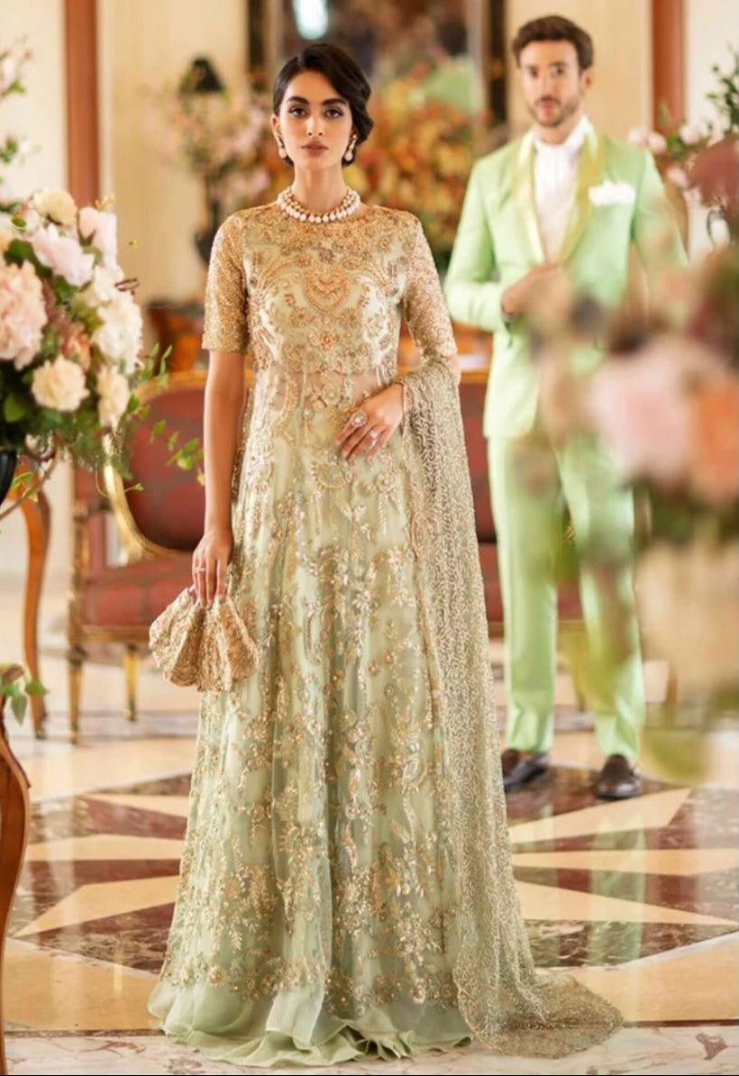 Indian & Pakistani Designer Pistachio Green Long Maxi Gown with Gold Zari & Resham Embroidery