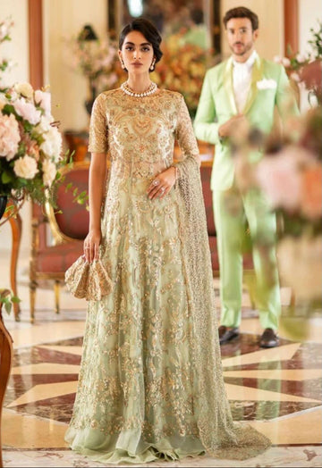 Indian & Pakistani Designer Pistachio Green Long Maxi Gown with Gold Zari & Resham Embroidery