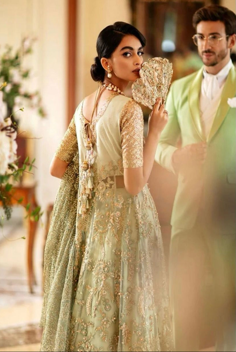 Indian & Pakistani Designer Pistachio Green Long Maxi Gown with Gold Zari & Resham Embroidery