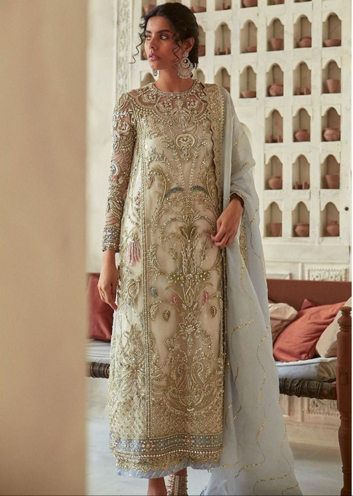 Pakistani Designer Formal Dress — Heavy Embroidered Super Bareeze Net Ensemble with ADDA Work and Jaal Dupatta