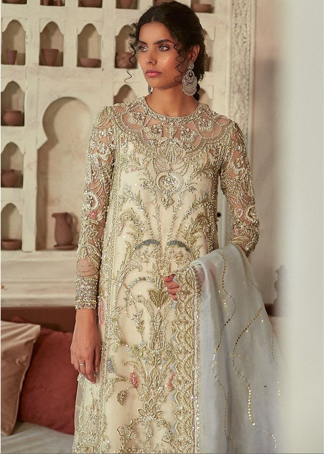 Pakistani Designer Formal Dress — Heavy Embroidered Super Bareeze Net Ensemble with ADDA Work and Jaal Dupatta