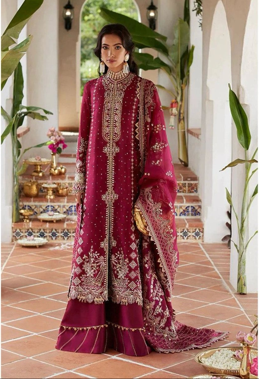 Pakistani Maroon Heavy Embroidered Formal Dress — Luxury Chiffon Ensemble with Adda & Zari Work