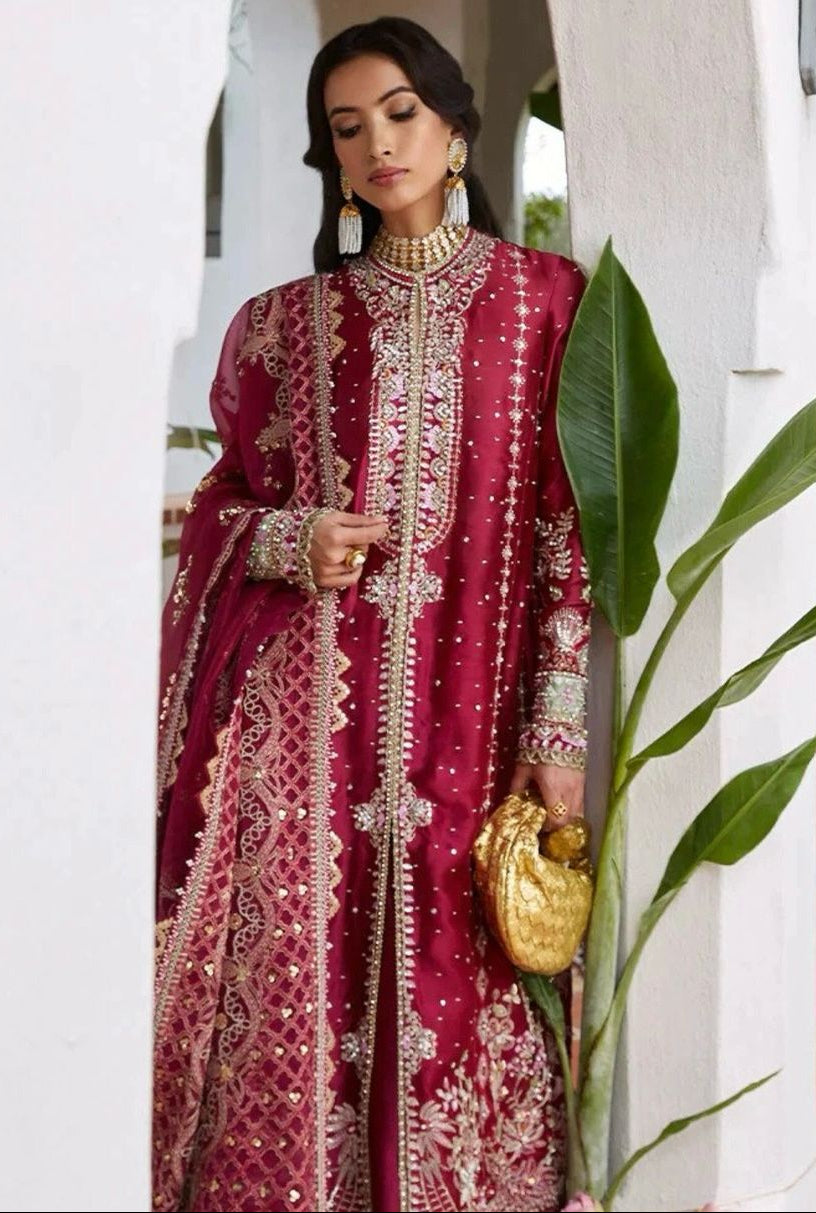 Pakistani Maroon Heavy Embroidered Formal Dress — Luxury Chiffon Ensemble with Adda & Zari Work