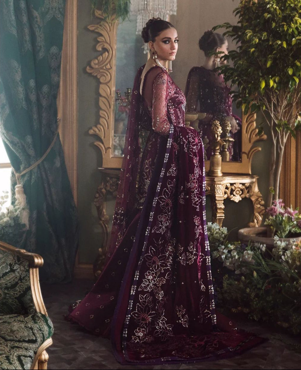 Pakistani Indian Style Maroon Embroidered Net Wedding Formal Ensemble for Women