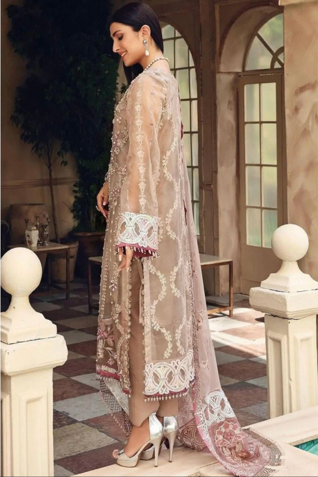 Pakistani Indian Style Women’s Pastel Pink Embroidered Net Formal Ensemble