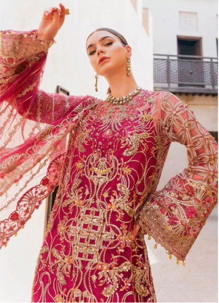 Pakistani Indian Style Women’s Magenta Gold Embroidered Net Formal Ensemble