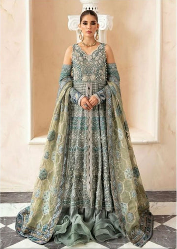 Pakistani Indian Style Ice Blue Embroidered Net Luxury Formal Ensemble