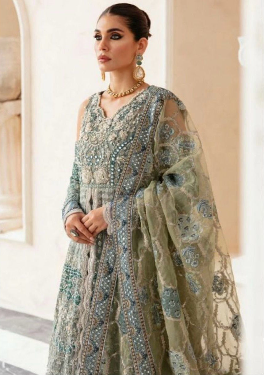 Pakistani Indian Style Ice Blue Embroidered Net Luxury Formal Ensemble