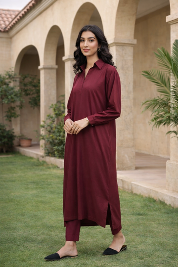 Classic Solid Kurta with Straight Pants for Everyday Wear