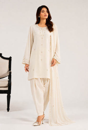 Soft Ivory Embroidered Shalwar Kameez with Chiffon Dupatta–Elegant Pakistani Women's Suit