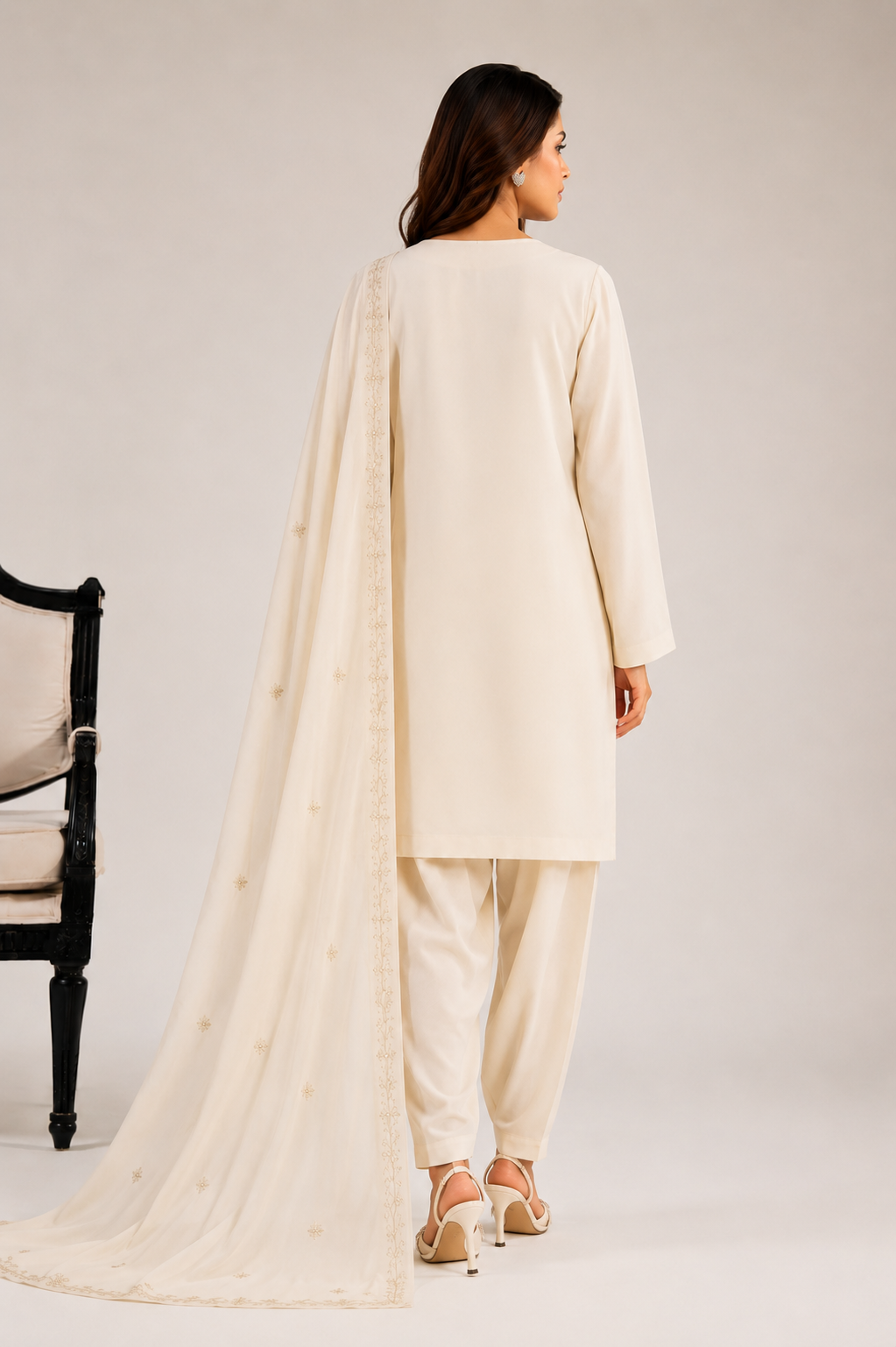 Soft Ivory Embroidered Shalwar Kameez with Chiffon Dupatta–Elegant Pakistani Women's Suit
