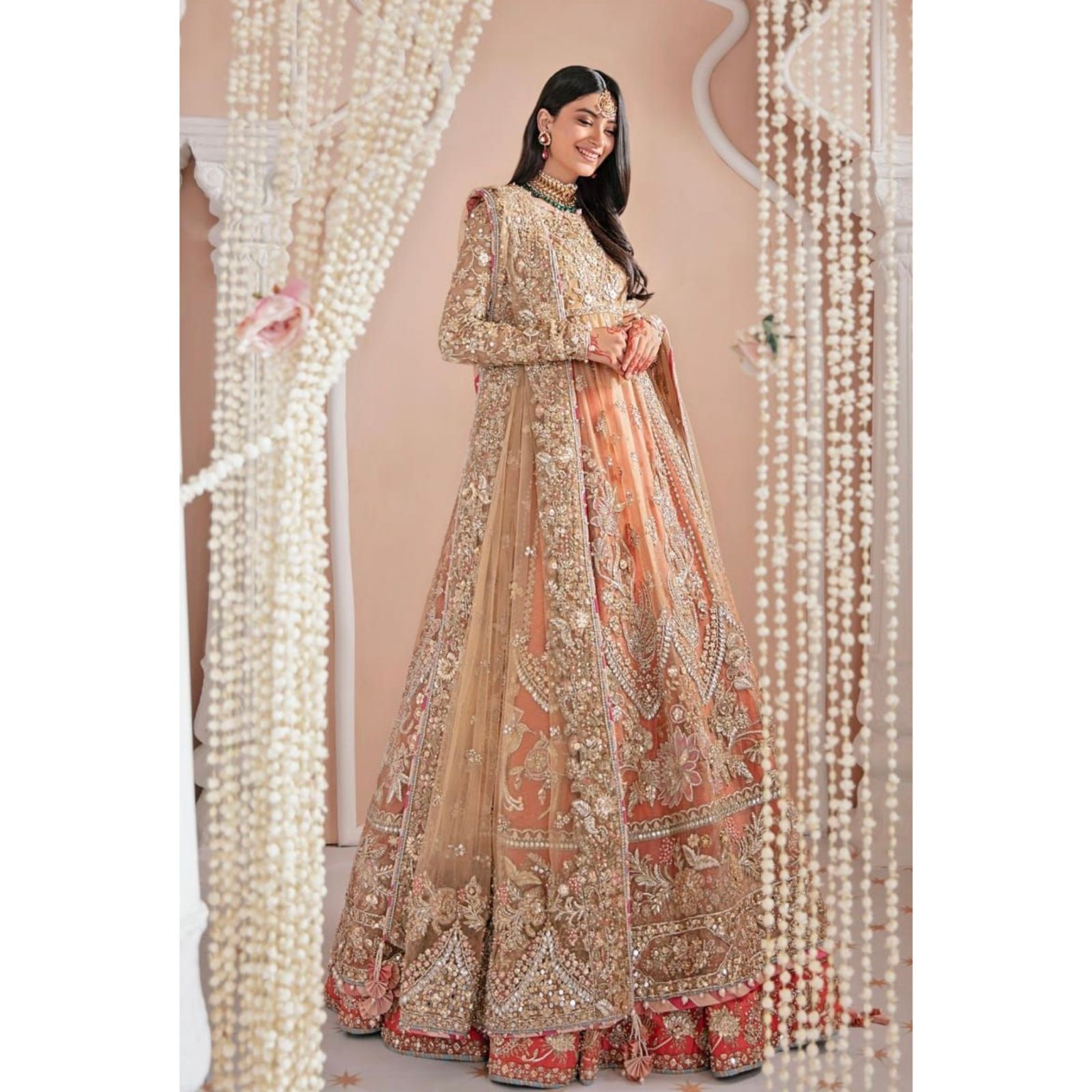 Pakistani Indian Style Premium Women’s Net Ensemble with Intricate ADDA Work, Silk Lehnga & Dupatta