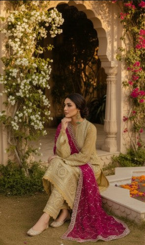 Golden Striped Embellished Formal Dress with Magenta Dupatta
