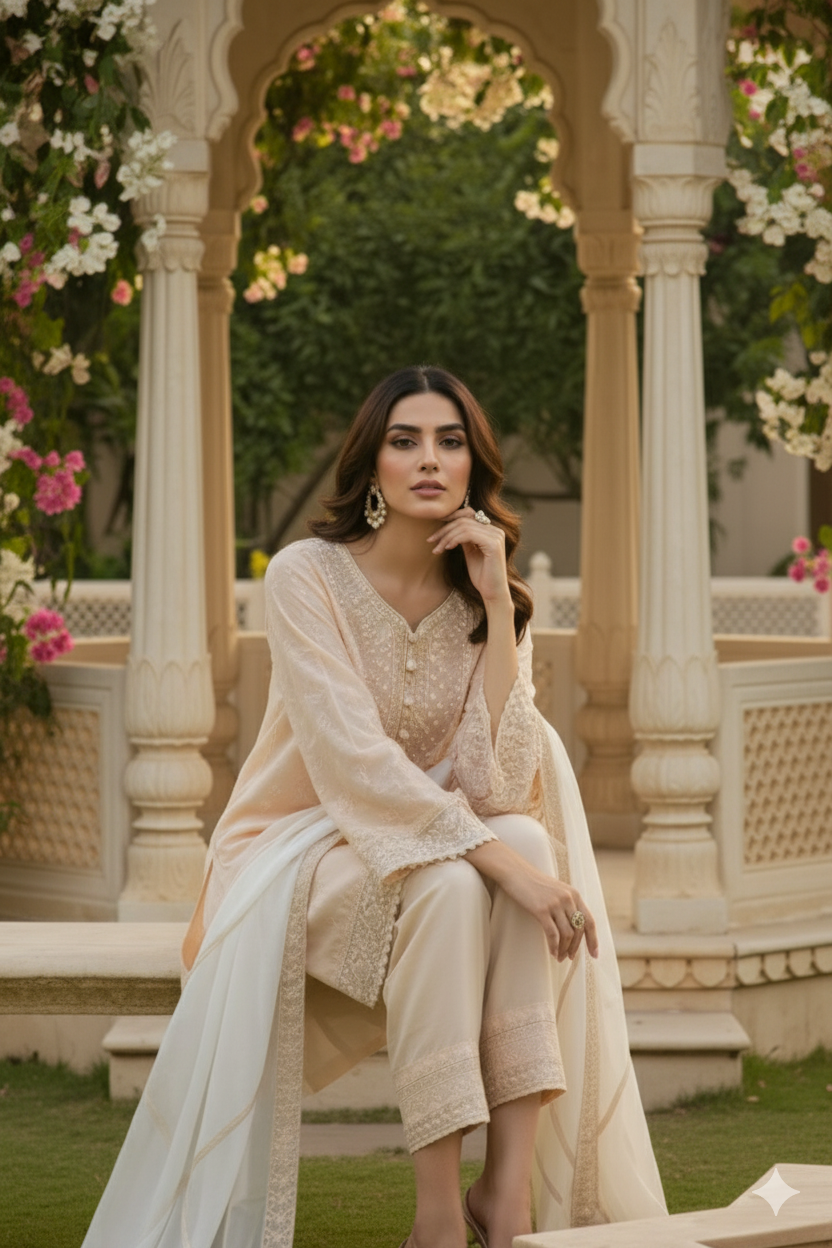 Elegant Cream-Peach Cotton Net 3-Piece Ensemble with Tassel Karandi Dupatta