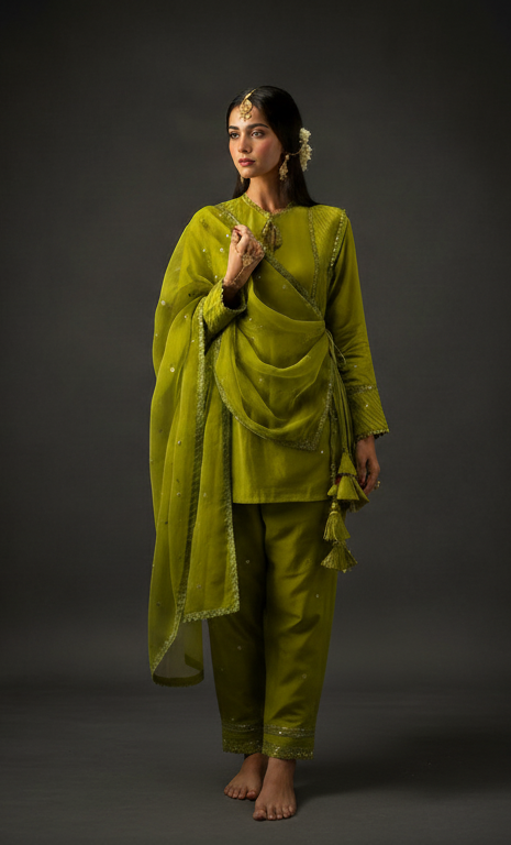 Pakistani & Indian Ethnic Kurta Pant Set with Tassel Dupatta