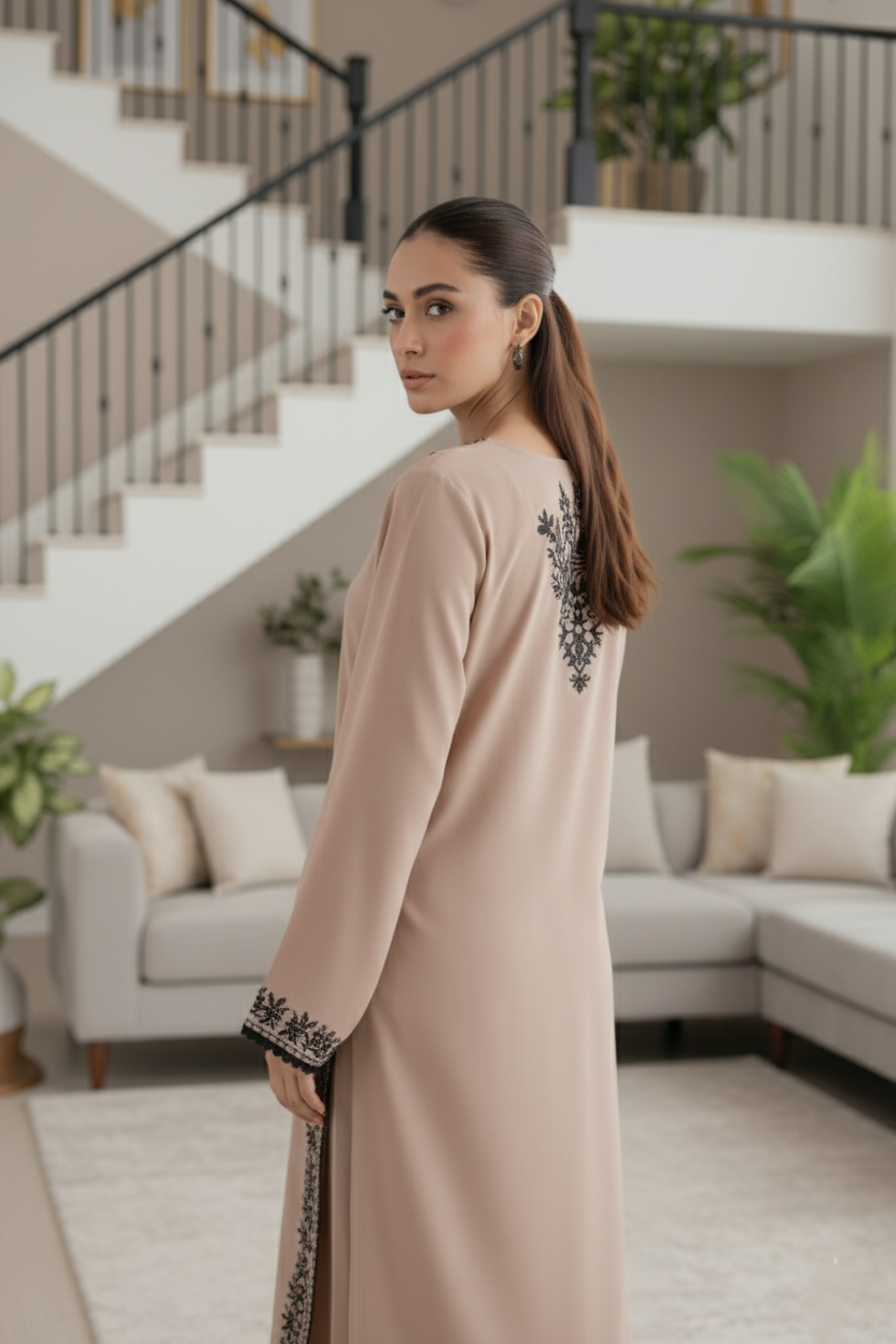 Pakistani Style Cappuccino Beige 2-Piece Women’s Suit with Black Embroidery